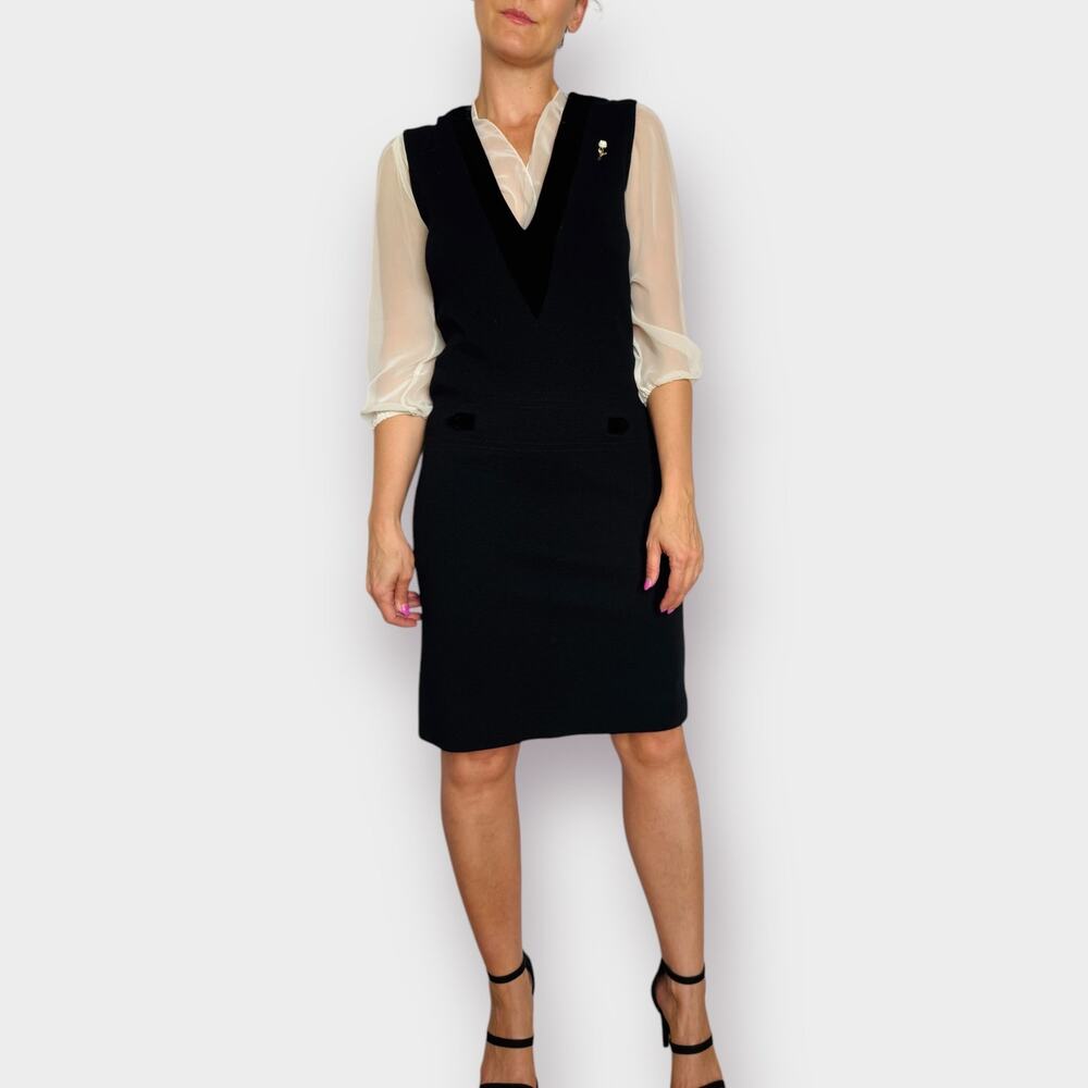 60s Butte Knit Black Wool Dress with Velvet Trim‎
